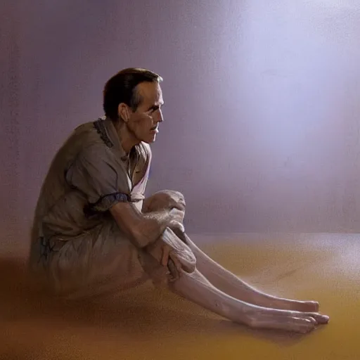 Prompt: a highly detailed epic cinematic concept art CG render digital painting artwork costume design: Henry Fonda as a 1950s tired disillusioned poet, barefoot, thinking. volumetric lighting. By Greg Rutkowski, in the style of Francis Bacon and Syd Mead and Norman Rockwell and Beksinski, great attention to proper perfect anatomy, highly detailed, painted by Francis Bacon and Edward Hopper, painted by James Gilleard, surrealism, airbrush, Ilya Kuvshinov, WLOP, Stanley Artgerm, very coherent, triadic color scheme, realistic facial expression, art by Takato Yamamoto and James Jean