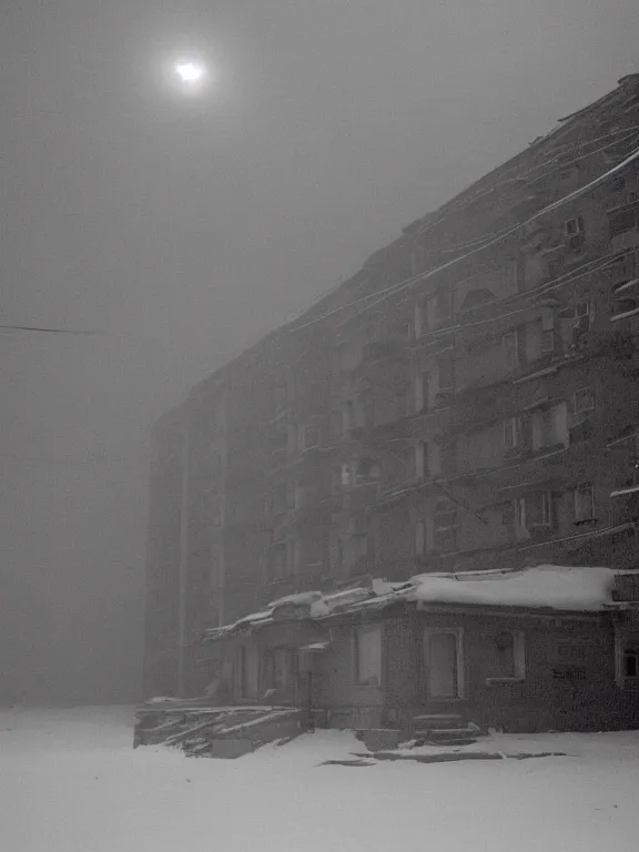 Image similar to film still of low soviet residential building in russian suburbs, lights are on in the windows, deep night, post - soviet courtyard, cozy atmosphere, winter, heavy snowб light fog, street lamps with orange light, several birches nearby, several elderly people stand at the entrance to the building