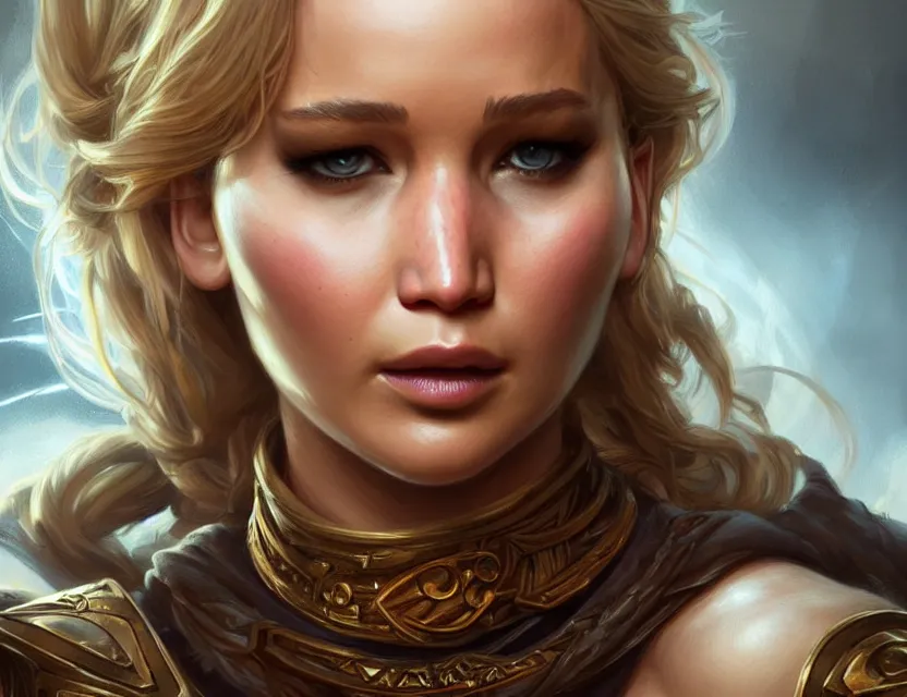 Image similar to Jennifer Lawrence, closeup, D&D, fantasy, intricate, elegant, highly detailed, digital painting, artstation, concept art, matte, sharp focus, illustration, hearthstone, art by Artgerm and Greg Rutkowski and Alphonse Mucha