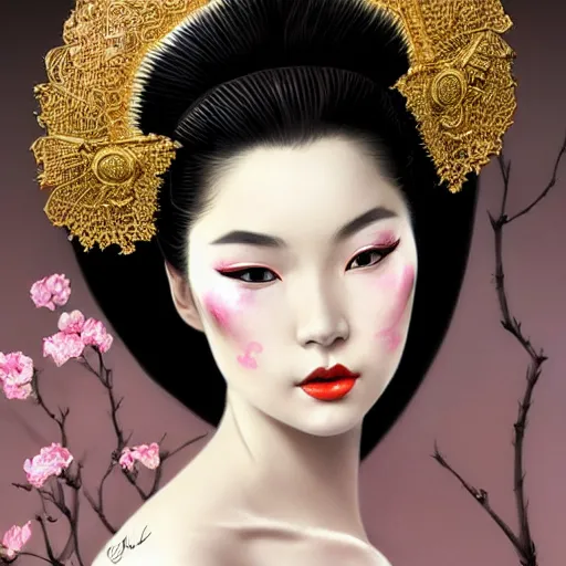 Prompt: glamorous and sexy Geisha portrait, beautiful pale makeup, pearlescent skin, curvy, elegant pose, very detailed face, highly detailed kimono, photorealism, portrait by Magali Villeneuve and Steve Argyle,Livia Prima,Mucha,dress,fantasy art,beautiful,artstation,trending on artstation,intricate details,alluring,masterpiece