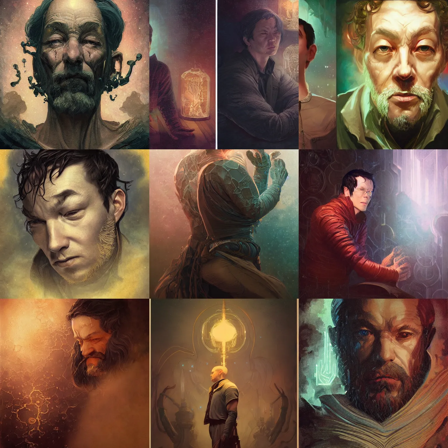 Prompt: thinker pose, fantasy, victo ngai, greg rutkowski, studio lighting bright ambient lighting key light, artgerm and j. dickenson, detailed, portrait of an old, photorealistic portrait by michael komarck, medieval alchemist in the dark. close up