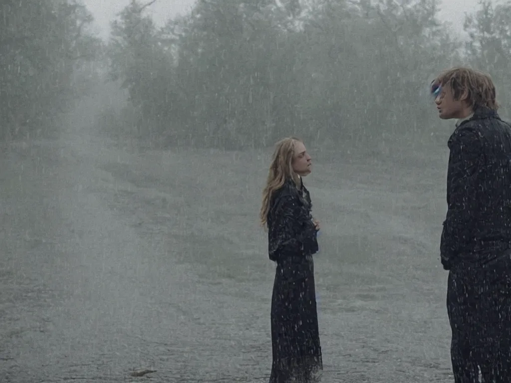 Prompt: A shot from a film directed by Martin de Thurah, shot by Kasper Tuxen, a love story, in the rain, in the future