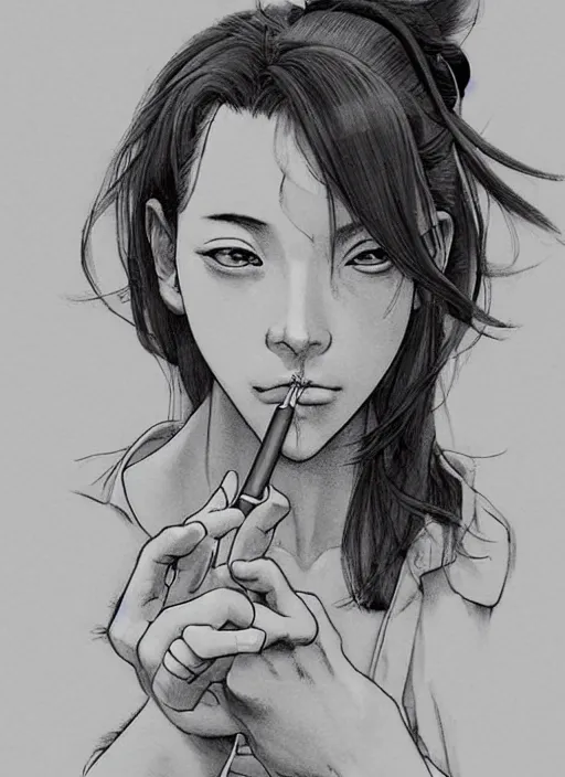 Prompt: portrait of a beautiful girl smoking a cigarette, by takehiko inoue and kim jung gi and hiroya oku, masterpiece illustration, ultrarealistic!!!!!!!!!, perfect face and anatomy, golden ratio