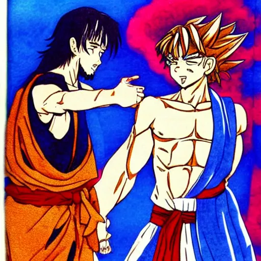 Image similar to manga drawing of jesus, goku fighting jesus