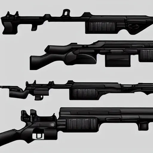 Prompt: concept art minimalist gun rifle weapon design all attachments