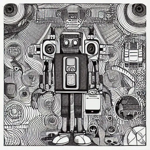 Image similar to “geometrically incomprehensible surreal order of robot factory, extremely high detail, photorealistic, intricate line drawings, dotart, album art in the style of James Jean”