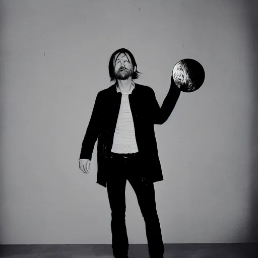 Prompt: Radiohead, Radiohead, Thom, holding the moon upon a stick, with a beard and a black jacket, a portrait by John E. Berninger, dribble, neo-expressionism, uhd image, studio portrait, 1990s