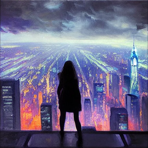 Prompt: “ a girl looking down at a futuristic new york city below, ghostpunk, neon lights, fog, storm clouds, rain, detailed face, oil painting, by george bellows ”