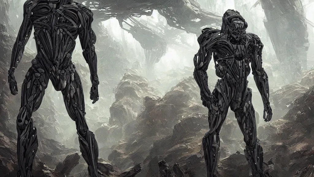 Image similar to a human wearing crysis nanosuit with powerful biological muscle augmentation, head visible, post - apocalyspe settlement with houses, hydroponic farms, cave entrance, at dawn, painted by tsutomu nihei, painted by artgerm and greg rutkowski