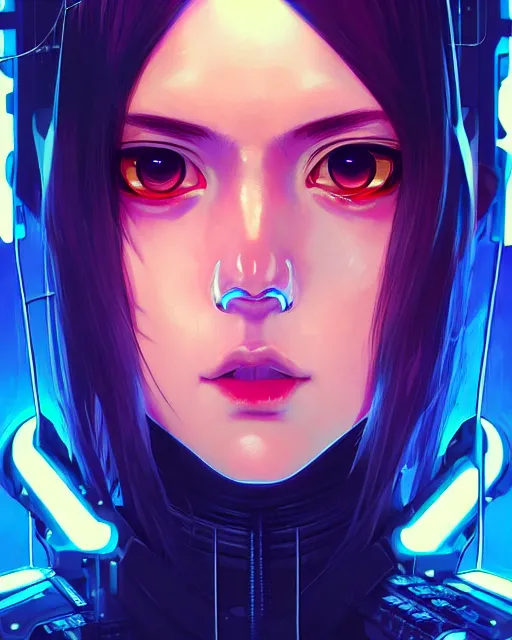 Image similar to a comic potrait of a cyberpunk cyborg girl with big and cute eyes, fine - face, realistic shaded perfect face, fine details. night setting. very anime style. realistic shaded lighting poster by ilya kuvshinov katsuhiro, magali villeneuve, artgerm, jeremy lipkin and michael garmash, rob rey and kentaro miura style, trending on art station