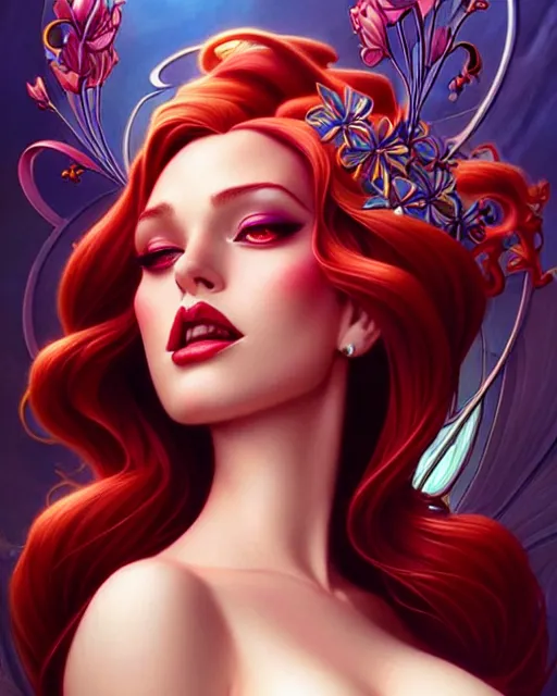 Prompt: Beautiful and playful Jessica Rabbit portrait, art nouveau, fantasy, intricate flower designs, elegant, highly detailed, sharp focus, art by Artgerm and Greg Rutkowski and WLOP