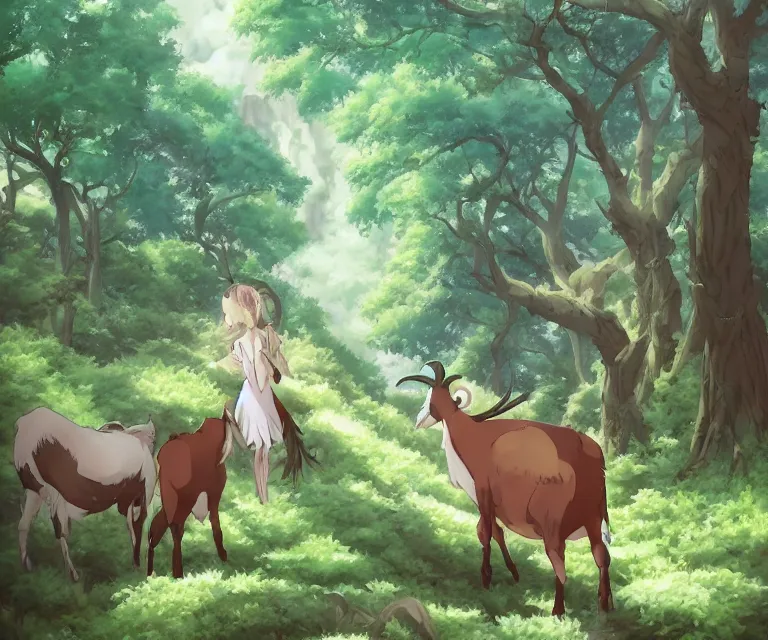 Image similar to goat in a forest, anime fantasy illustration by tomoyuki yamasaki, kyoto studio, madhouse, ufotable, comixwave films, trending on artstation