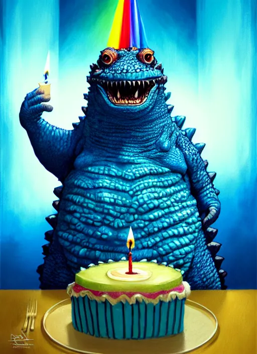 Prompt: portrait of a happy small fat blue godzilla with a birthday cake, wearing a funny rainbow hat, intricate, elegant, candle light, highly detailed, digital painting, artstation, concept art, smooth, sharp focus, illustration, art by wlop, mars ravelo and greg rutkowski