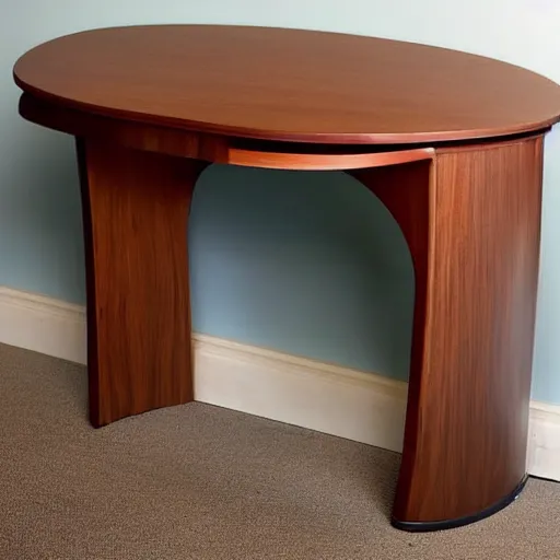 Image similar to a curved wooden desk design, realistic,