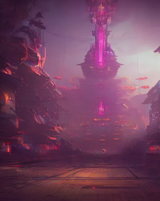 Image similar to buddhist cyber punk temple in the style of andree wallin, bastien grivet, tomasz strzalkowski ambient lighting, unreal engine 5, neon light, trending on art station