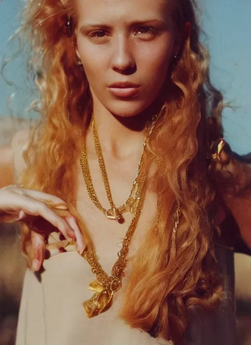 Image similar to vintage photograph of an olive skinned female model with strawberryblonde hair in her twenties, her hair pinned up, wearing a designer top and one thin gold necklace, looking content, focused on her neck, photo realistic, extreme detail skin, natural beauty, no filter, slr, golden hour, 4 k, high definition, selfie