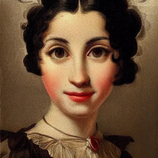 Prompt: antique daguerrotipe portrait of a beautiful girl, black hair, clear eyes, open smile