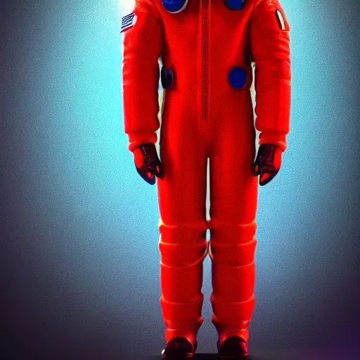 Image similar to a red suit astronaut shaped like a bean with a blue visor render nano cyber high detail high tech octane 4 k