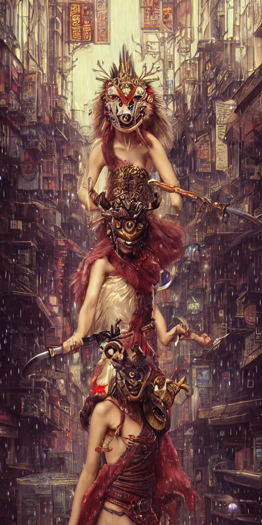 Image similar to hyper realistic Princess Mononoke attacking evil spirit with a golden sword, ornate mask, wet market street, rainy atmosphere, cyberpunk metropolis, city landscape, jewels, full body pose, full moon, style of tom bagshaw, mucha, james gurney, norman rockwell, denoised, sharp