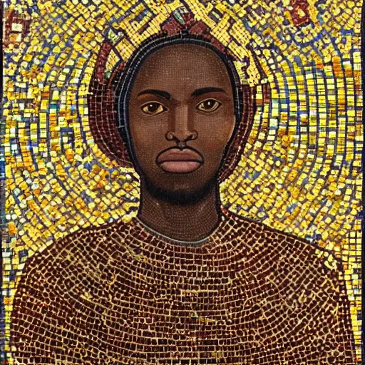 Prompt: realistic half - body portrait of an ethiopian knight wearing an chestplate in a byzantine mosaic, very detailed, very realistic, elegant, top art, renowed artwork