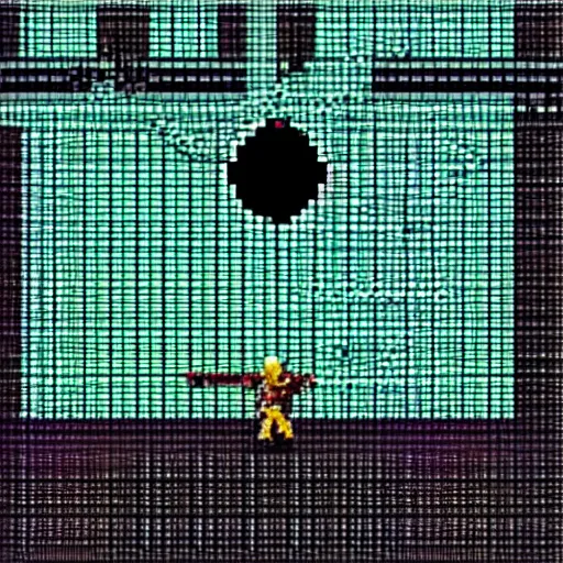 Image similar to a black hole as a final boss, SNES game, low contrast, melting pixels