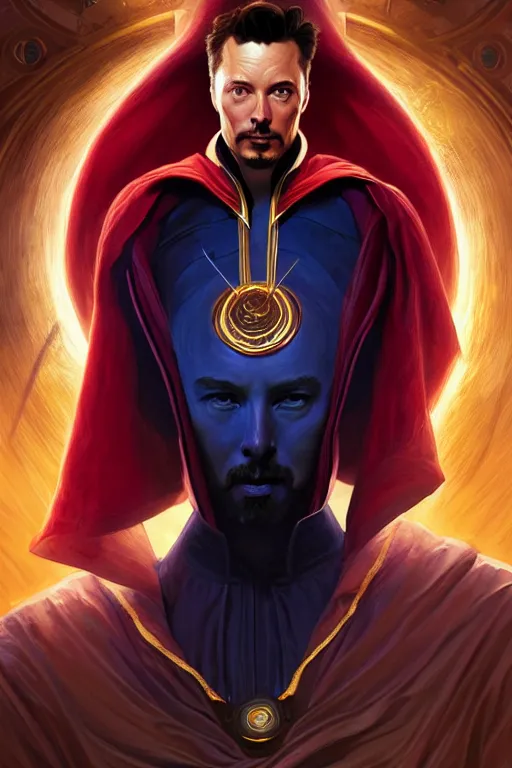 Image similar to elon musk as dr strange, realistic portrait, symmetrical, highly detailed, digital painting, artstation, concept art, smooth, sharp focus, illustration, cinematic lighting, art by artgerm and greg rutkowski and alphonse mucha