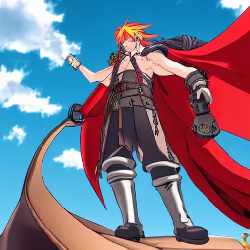 Prompt: male sky-pirate with long red hair and red beard in front of an airship, full metal alchemist, anime style