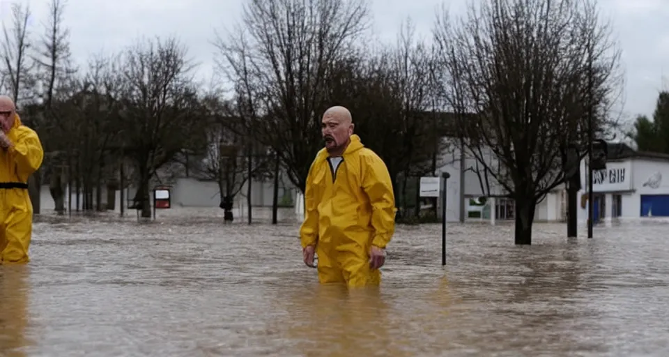 Prompt: Walter White visiting a small german town that is being flooded, movie screenshot, dramatic scene