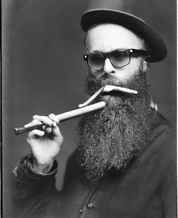 Prompt: a vintage photo medium shot of a man with a bushy beard smoking a pipe in his mouth wearing a grey hat and sunglasses.