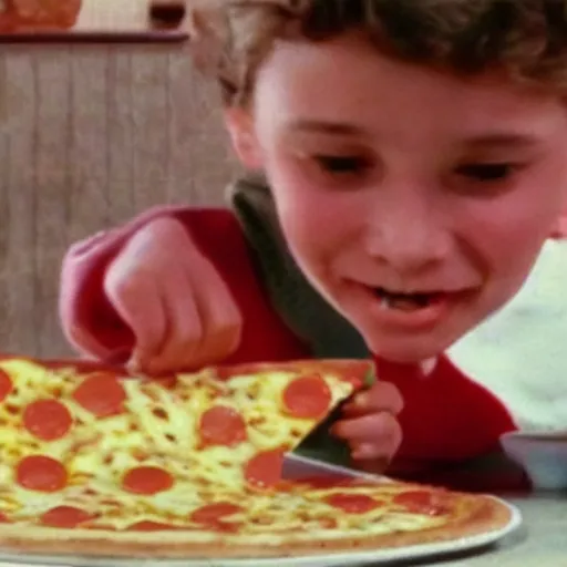 Image similar to a still from a pizza commercial, cheese stretches off a slice 1 9 8 0 s