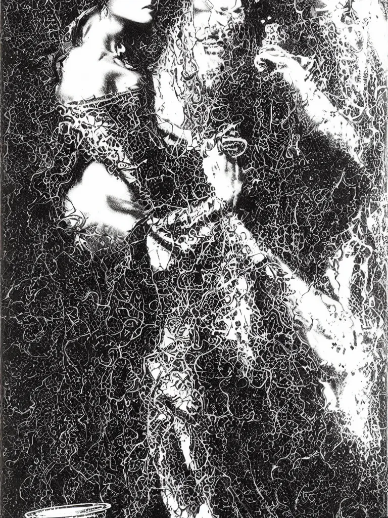 Prompt: the dark sorceress holding a chalice | dark fantasy | Virgil Finlay |