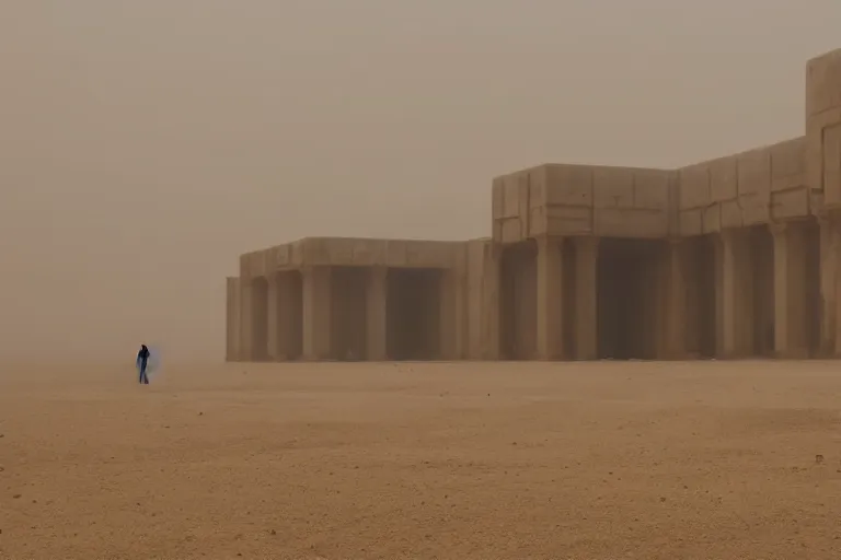 Image similar to inside a monolithic building, open wall architecture, sand storm inside, high winds, concrete pillars, ancient sci - fi elements, on an alien planet, sun is blocked by dust, pale orange colors, cinematographic wide angle shot, directed by christopher nolan