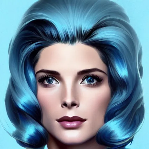 Prompt: Ashley Greene's face combined with Grace Kelly's face with blue hair as a retro-futuristic astronaut, western, D&D, fantasy, intricate, elegant, highly detailed, digital painting, artstation, concept art, matte, sharp focus, illustration, art by Artgerm and Greg Rutkowski and Alphonse Mucha