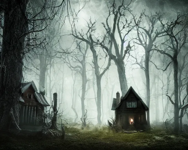 Image similar to the scariest witches house in the scariest dark forest, scary animals, epic scene, dark, scary, horror, frightening, fantasy, cinematic, redshift render, cgi, hyper - detailed, photo - bash, 8 k post - production, masterpiece