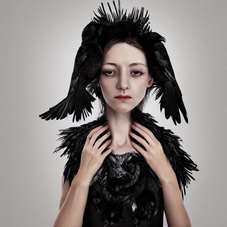 Image similar to hight focus of a wonderful realistic focused sweet wonderful symmetrical mid portrait of a lonely woman, her dress is like a realistic black raven plumes, image in center, dramatic light, octane render - 8 k
