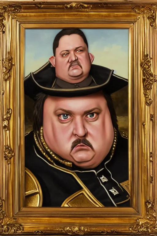 Image similar to high elf mall cop with a sheriff's badge that is fat, shifty, and incompetent, portrait from the chest up, Oil Painting, hyper realistic, dutch golden age, 3/4 bust