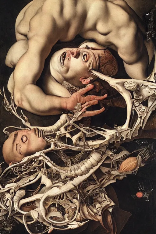 Prompt: Detailed maximalist portrait a man lying on bed with a the boogie man hovering over him. large lips and with large white eyes, exasperated expression, botany bones, HD mixed media, 3D collage, highly detailed and intricate, surreal illustration in the style of Caravaggio, dark art, baroque
