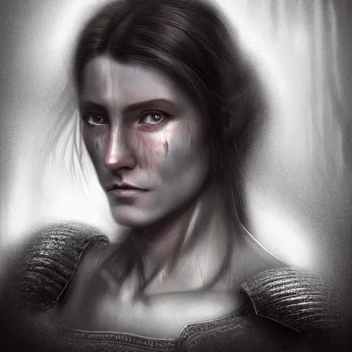 Prompt: head and shoulders portrait of a female knight with a worried expression, scars under her grey eyes. sad and tired eyes, broken neclace. dark background, light rays behind her. high detail artstation top 1 0, photo in the style of angus mcbean.