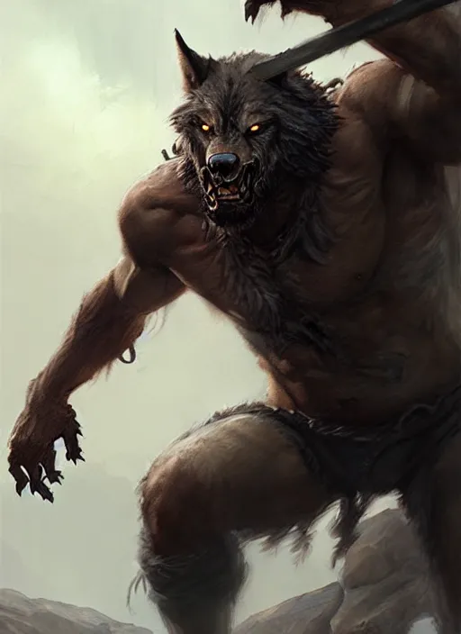 Image similar to rugged werewolf, dnd, fantasy oil _ painting _ unreal _ 5 _ daz. _ rpg _ extremely _ detailed _ artgerm _ greg rutkowski