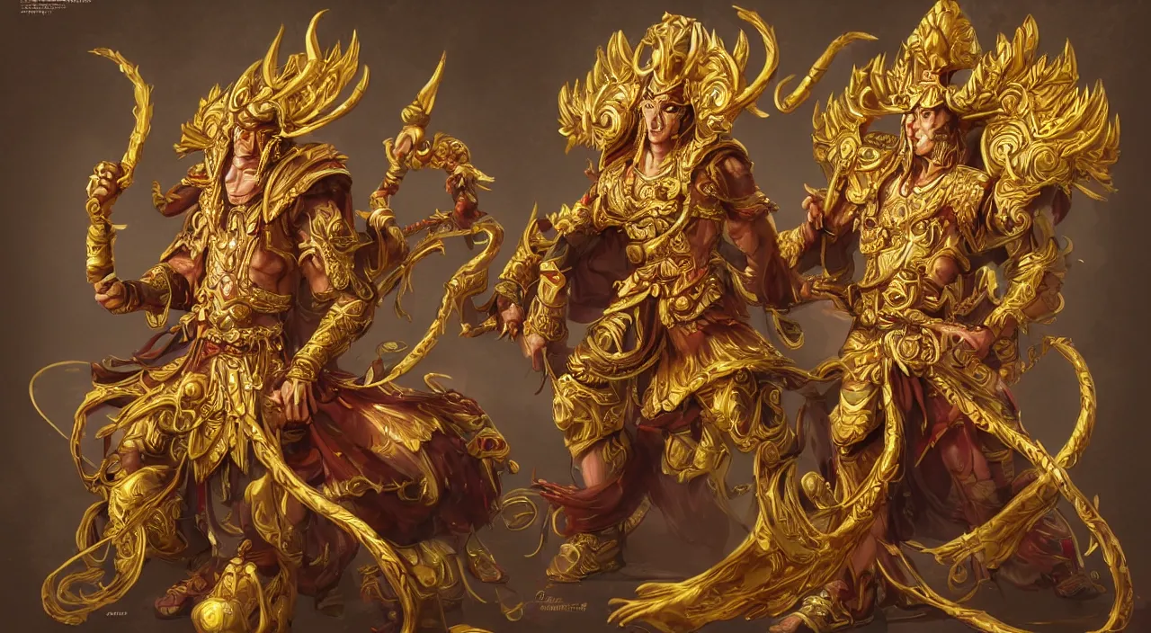 Image similar to concept art of monkey king in ornate golden armo, artstation