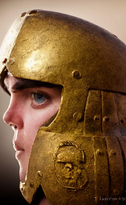 Image similar to a warrior wearing a hoplite helmet, museum photography, closeup, bokeh, golden hour