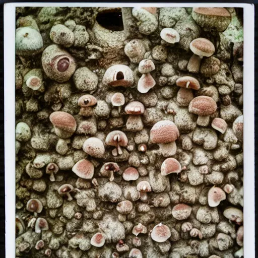 Image similar to a polaroid photograph of a wall covered in various different kinds of mold and sparsely populated by mushrooms and their mycelium, award winning photograph