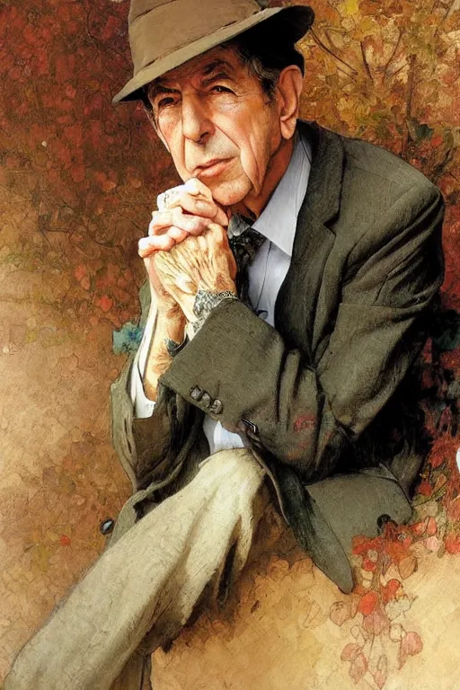 Image similar to Leonard Cohen, wearing a trilby hat, portrait by Stanley Artgerm Lau, greg rutkowski, thomas kindkade, alphonse mucha, loish, norman Rockwell