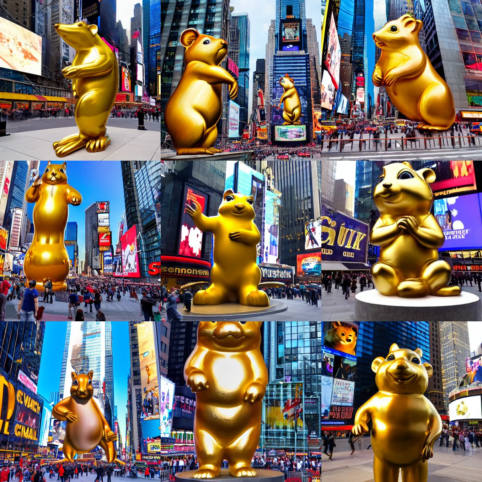 Prompt: a photo of 60 feet tall giant shiny golden chipmunk statute, in time square, new york. photo real, hd