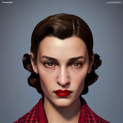 Image similar to A videogame portrait of a Spanish young woman with high cheekbones. Good bone structure. Dressed in 1940s style. Highly detailed, fine Art, high detail, great lighting, 8k resolution, masterpiece, concept art, illustration, clear eyes, painting oil on canvas, octane render, HDR, trending on artstation, 4k, 8k, HD