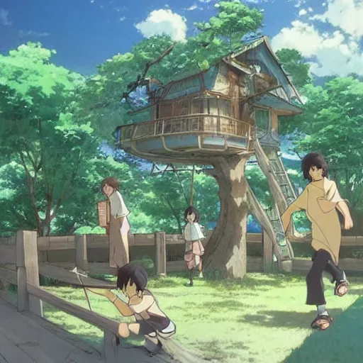 Image similar to The battle for the treehouse, kids trying to take a treehouse from another group of kids, by Dice Tsutsumi, Makoto Shinkai, Studio Ghibli