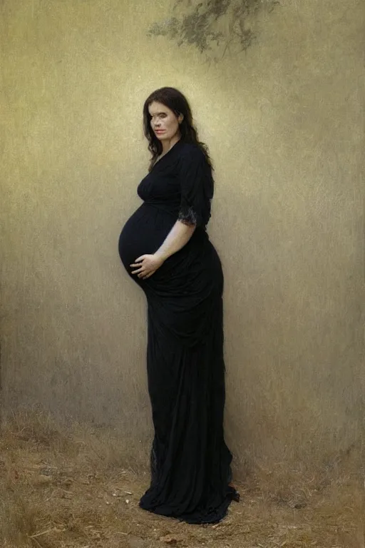 Prompt: pregnant widow in black dress, by Alyssa Monks, Bouguereau