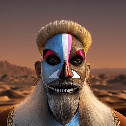 Prompt: a hyperrealistic 3d render of an aryan wizard with a goatee, wearing a harlequin mask. intricate details. arnold render. Trending on ArtStation. Centered. Vivid cinematic lighting. Desert background. In the style of LaVista.