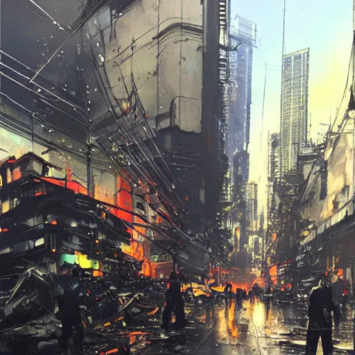 Prompt: a full-metal neon robot sobs when seeing the devastation of cyberpunk La Moneda in Santiago of Chile, oil on canvas by Yoji Shinkawa and Esao Andrews