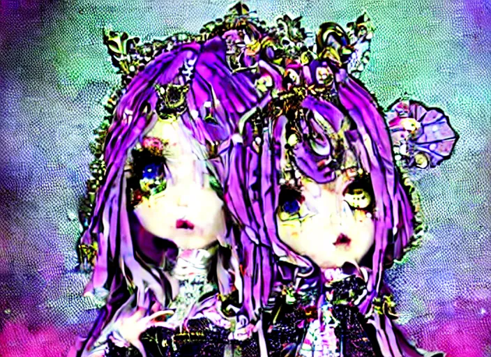 Prompt: baroque bedazzled gothic royalty frames surrounding a pixelsort emo demonic horrorcore japanese beautiful fairy kei doll, sharpened early computer graphics, remastered chromatic aberration